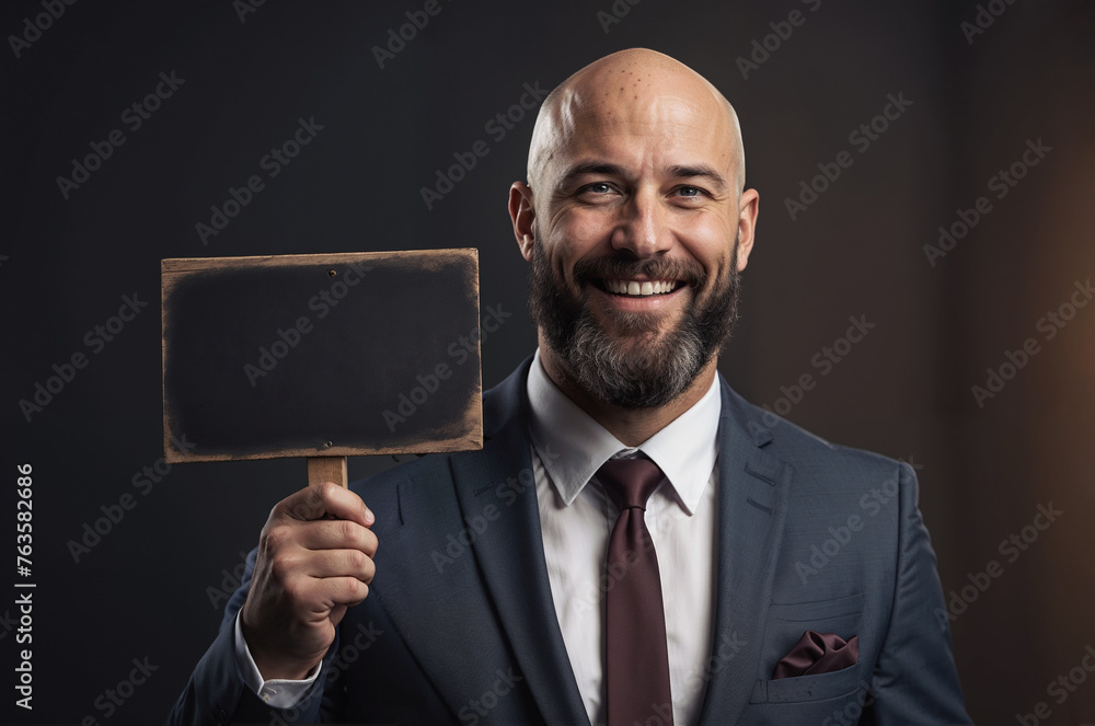 A person in a tailored suit holds a sign. The professional attire suggests a business setting, while the sign implies document handling or presentation A person in a tailored suit holds a sign. The professional attire suggests a business setting, while the sign implies document handling or presentation