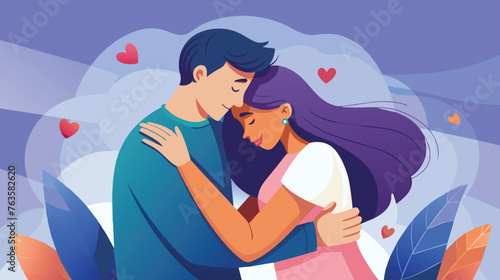 Loving Embrace of a Couple Surrounded by Hearts