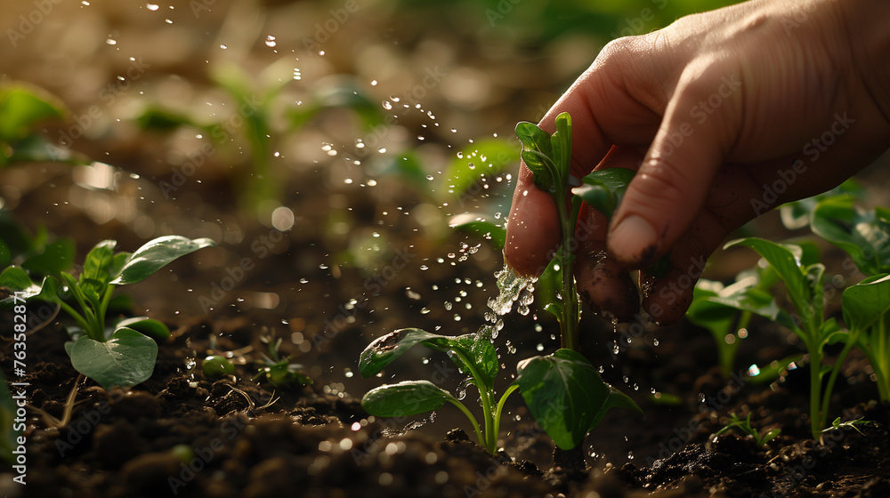 Close up of a hand watering a little seedling in the ground Close up of a hand watering a little seedling in the ground