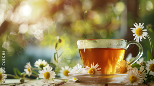 Cup of tea with chamomile flowers on a wooden table
