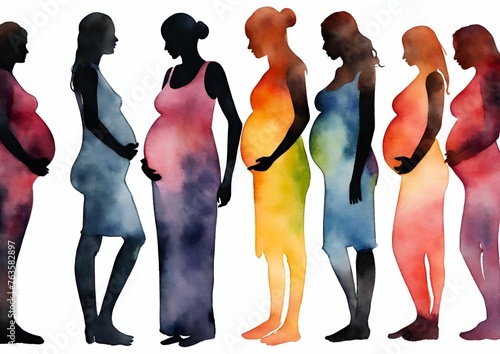 Watercolor silhouette painting of a group of pregnant women standing in a row next to each other
