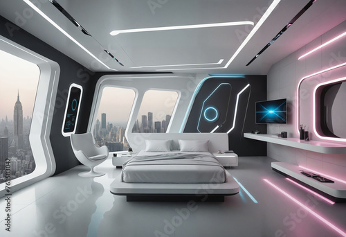 A luxury futuristic bedroom interior. Sci-Fi interior design, luxurious living spaces. photo
