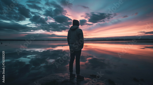 Young man standing on the edge of a lake and looking at the sunset
