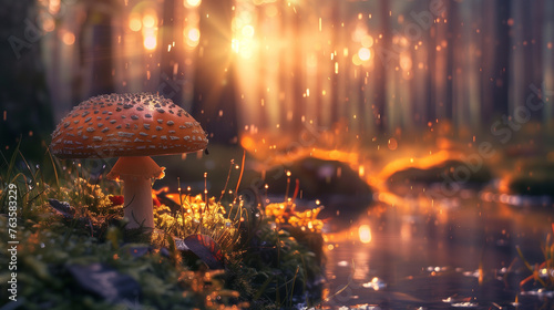 Fly agaric mushroom in the forest at sunset. Beautiful magic landscape.
