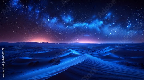 Starry night over sandy desert dunes
