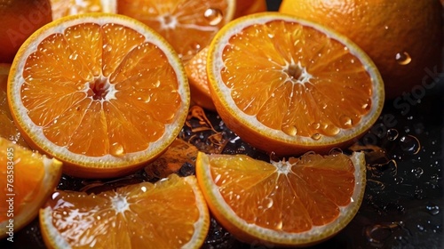 Abstract background with variegated citrus slices and green leaves with dew. Close-up. Studio photography.