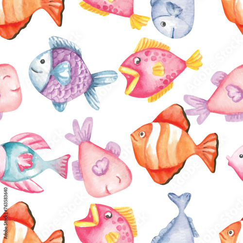 Pattern of colorful fish watercolor background