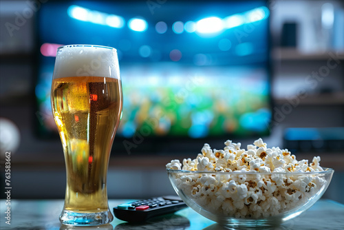 Watching football match o at home. View to glass of beer, bowl of popcorn, remote control on table in front of modern tv with American football stadium photo