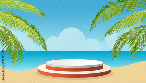 3d podium with copy space for product display presentation on palm beach and blue sky abstract background. Tropical summer and vacation concept. Graphic art design