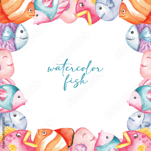 Border of colorful fish watercolor illustration