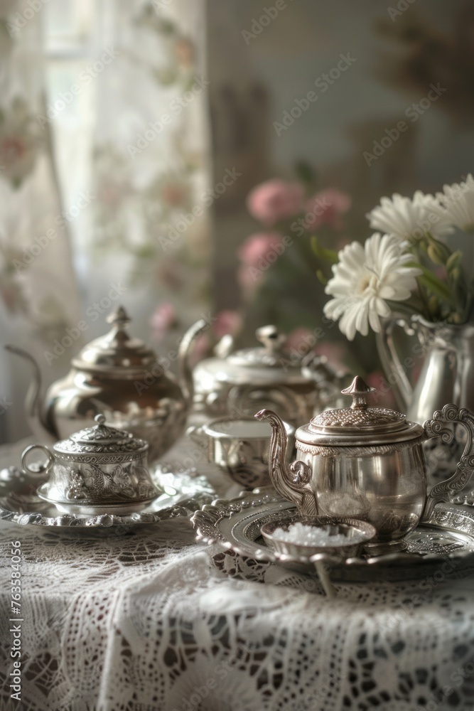 The photo shows a table adorned with a collection of antique silver teapots, sugar bowls, and a vase of fresh flowers. The elegant display adds a touch of sophistication to the room