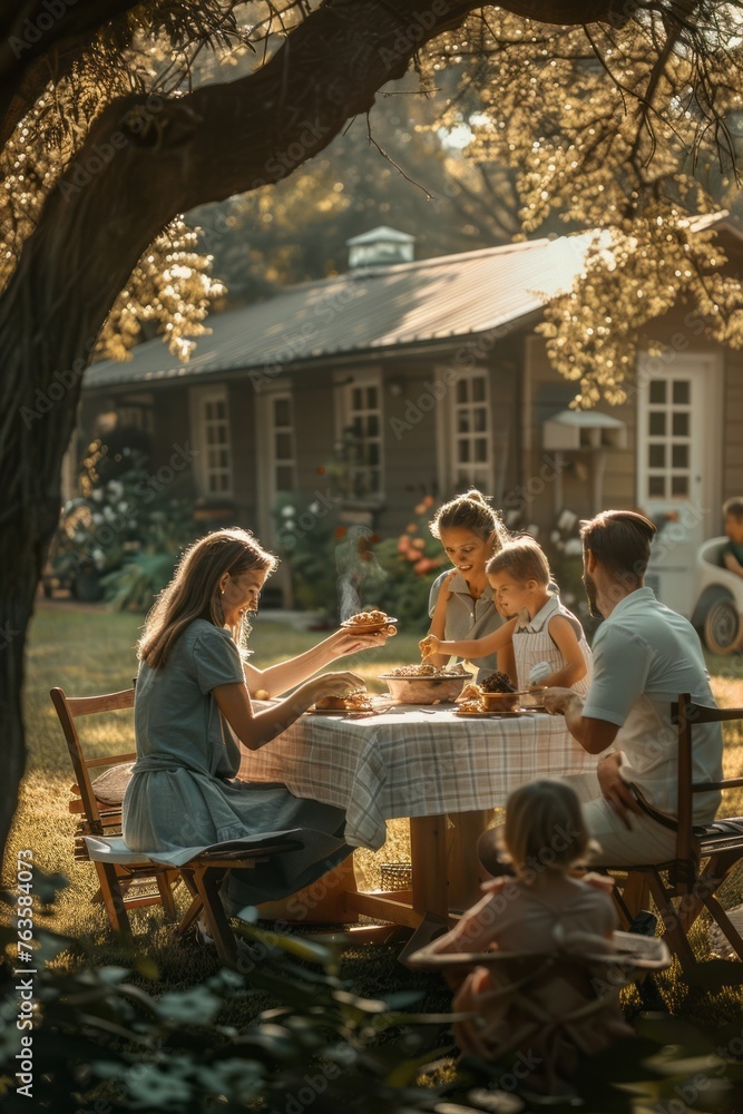 A group of people, likely a family, sitting around a table outside in their backyard. They appear to be having a picnic breakfast together, enjoying the outdoors and each others company