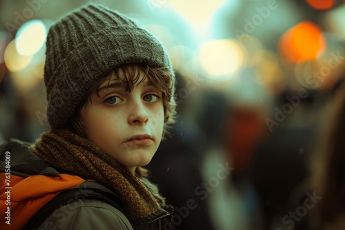 Young boy in beanie and orangeblack jacket standing on busy city street with crowd photo