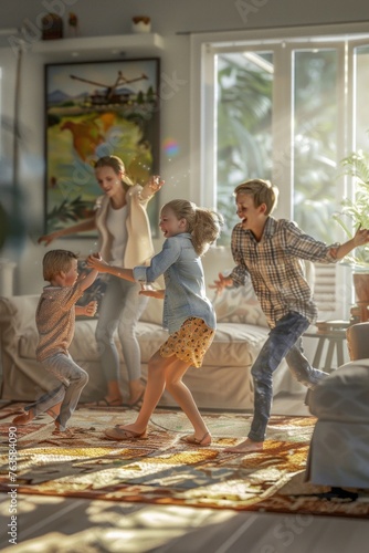 A group of children engaged in a game, filled with laughter and excitement, inside a cozy living room. They are interacting, running around, and having a fun time together