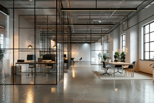 The photo showcases a large open office space flooded with natural light from numerous windows. The modern design features sleek glass offices and a clean  minimalist aesthetic