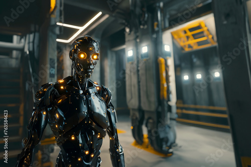 Futuristic robot walking in industrial factory, black and gold armored android, sci-fi setting