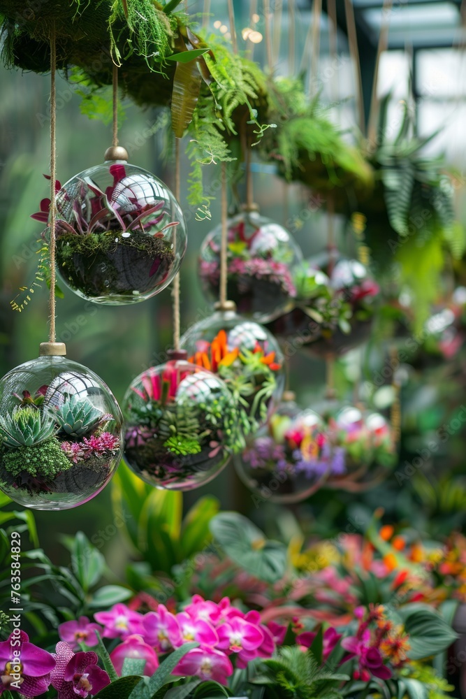 A row of hanging terrariums filled with lush green plants and colorful flowers, bringing nature indoors A row of hanging terrariums filled with lush green plants and colorful flowers, bringing nature indoors