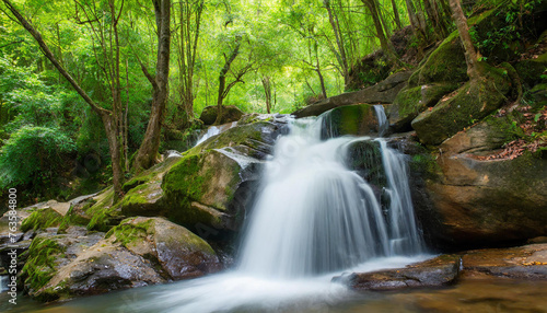 Enchanting waterfall in lush natural forest serene landscape where water cascades over rocks amidst green foliage creating tranquil travel destination perfect for outdoor photography and environmental