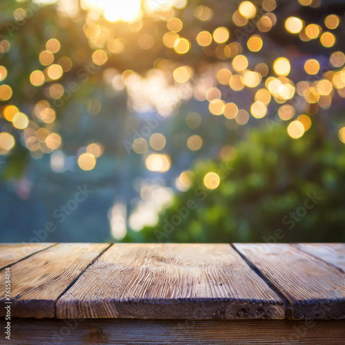 Empty Wooden Table Top with Bokeh Lights on Blurred Copy Space Background Selective Focus