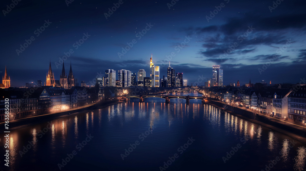 Frankfurt am Main skyline, iconic skyscrapers, River Main flowing through the city, illuminated buildings, bustling financial district, modern architecture, blend of old and new