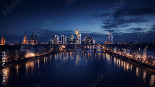 Frankfurt am Main skyline, iconic skyscrapers, River Main flowing through the city, illuminated buildings, bustling financial district, modern architecture, blend of old and new