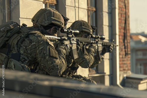 A group of soldiers equipped with rifles are standing on top of a building, providing overwatch for a high profile target. They are closely monitoring the surroundings for any potential threats