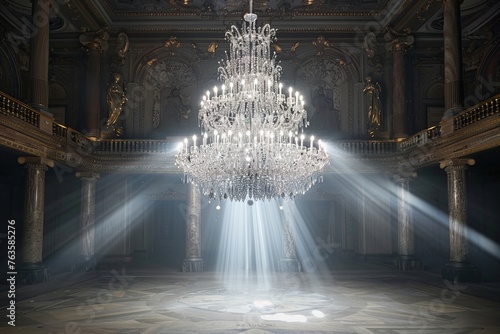 This photo captures a sparkling crystal chandelier hanging from the ceiling of a dark room, casting a soft glow. The intricate design of the chandelier adds a touch of elegance to the space photo