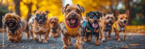 City dog walking: Diverse pack of dogs enjoying an urban stroll