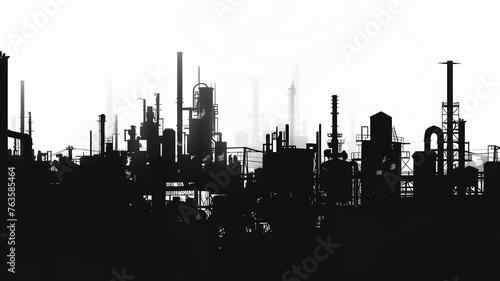 Black silhouette cityscape with skyscrapers and industrial buildings against a sunset sky