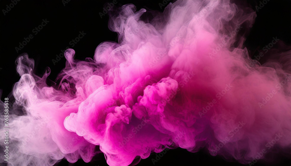 magenta and pink fluffy pastel ink smoke cloud against black background - obrazy, fototapety, plakaty 