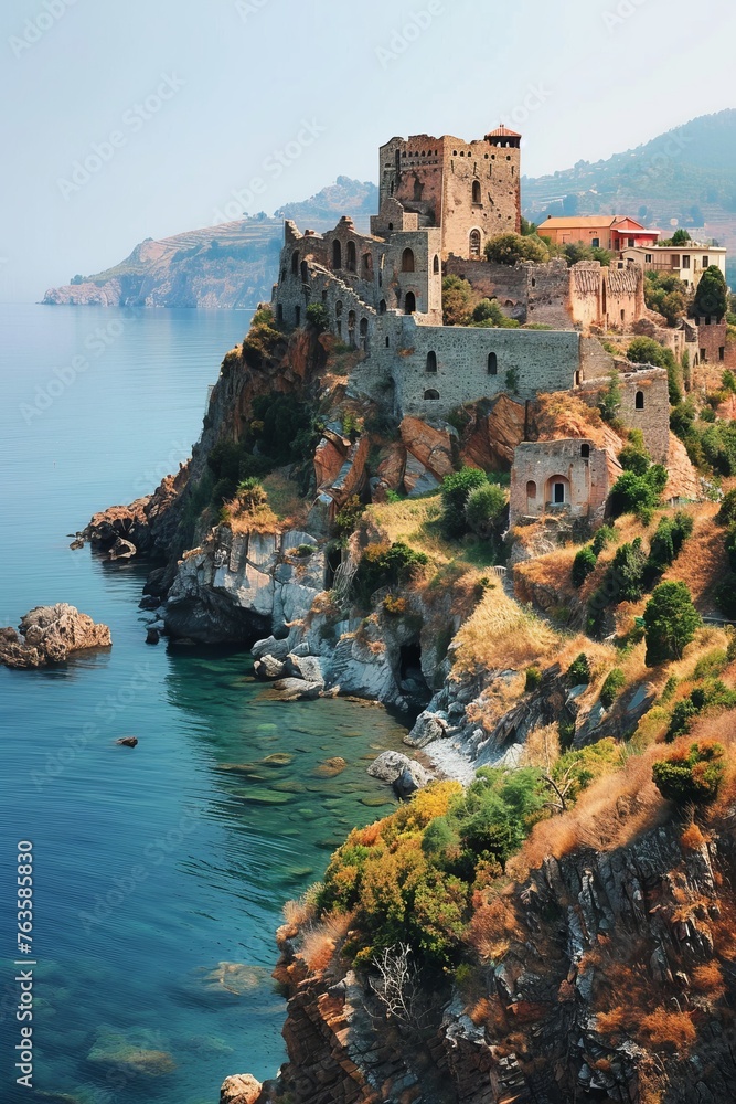 An ancient castle stands tall on a cliff by the ocean, showcasing its grandeur against the vast expanse of the sea. The rugged landscape adds to the castles dramatic setting