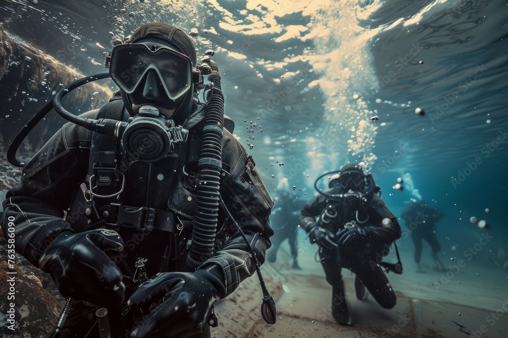 Special operations divers preparing for an underwater infiltration mission Special operations divers preparing for an underwater infiltration mission