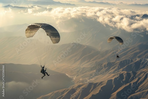 A person is seen parasailing over a dramatic mountain range, showcasing the thrill and adventure of the activity against a picturesque mountain backdrop
