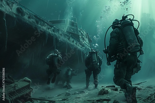 A group of VetalVit special operations divers are seen in scuba gear walking through the water in this image