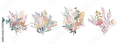 Various Floral Bouquets Arranged Side by Side, pastel colors