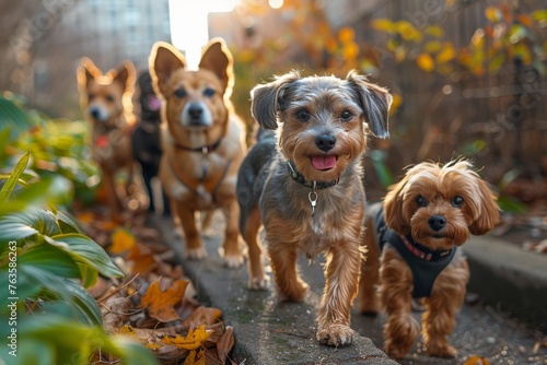 Professional dog walking: Different breeds mingling on city sidewalks