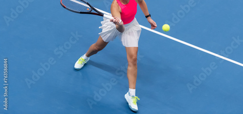 Woman playing tennis on blue floor. Horizontal sport poster, greeting cards, headers, website