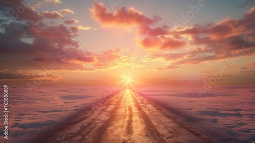 An empty road leading towards a rising sun, rendered in 3D, symbolizing new beginnings, hope, and the journey towards success © Orxan
