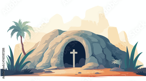 Christian illustration of burial cave. Happy Easter