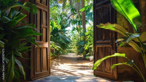 An open door invitingly leads to a lush tropical garden, symbolizing new opportunities, growth, and the opening of new paths in life or business photo