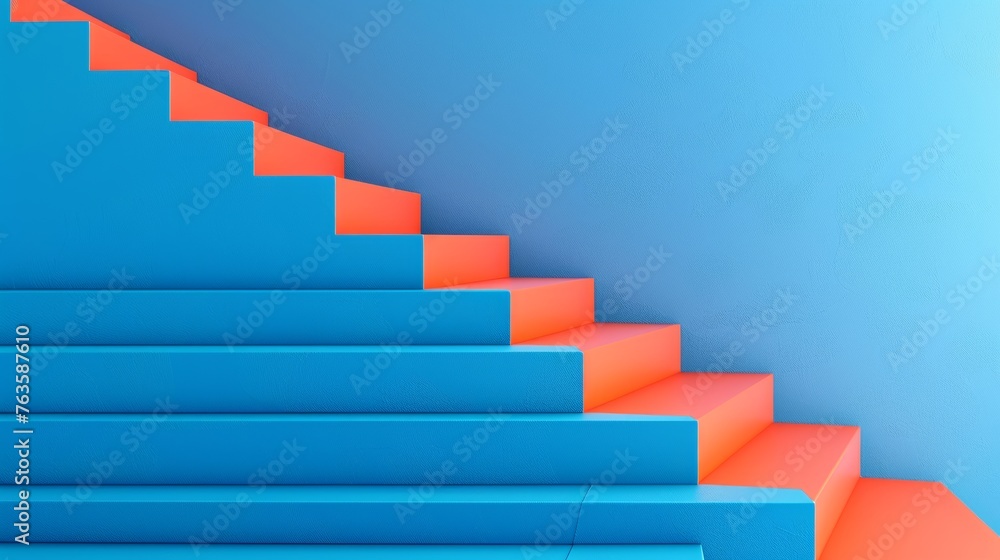 Blue stairs leading to an orange top step, representing success, reaching the top level, or career progression in a minimalistic modern concept Blue stairs leading to an orange top step, representing success, reaching the top level, or career progression in a minimalistic modern concept
