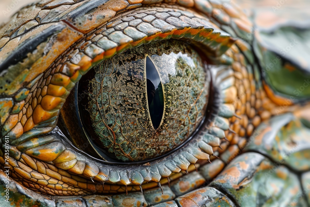 Close-up Detail of a Reptile Eye and Scales with Vivid Textures and Colors in Natural Habitat