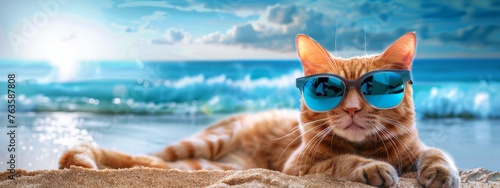 Portrait of chilling cat in trendy sunglasses on sandy shore of beautiful ocean. Banner format. illustration