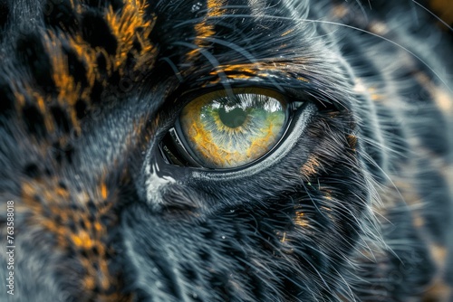 Close-Up of a Majestic Jungle Cat's Eye with Vivid Colors and Detailed Fur Texture photo