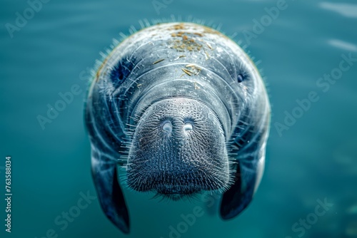 Close-Up of a Playful Manatee Swimming in Clear Blue Water with Sunlight Reflecting on Its Back