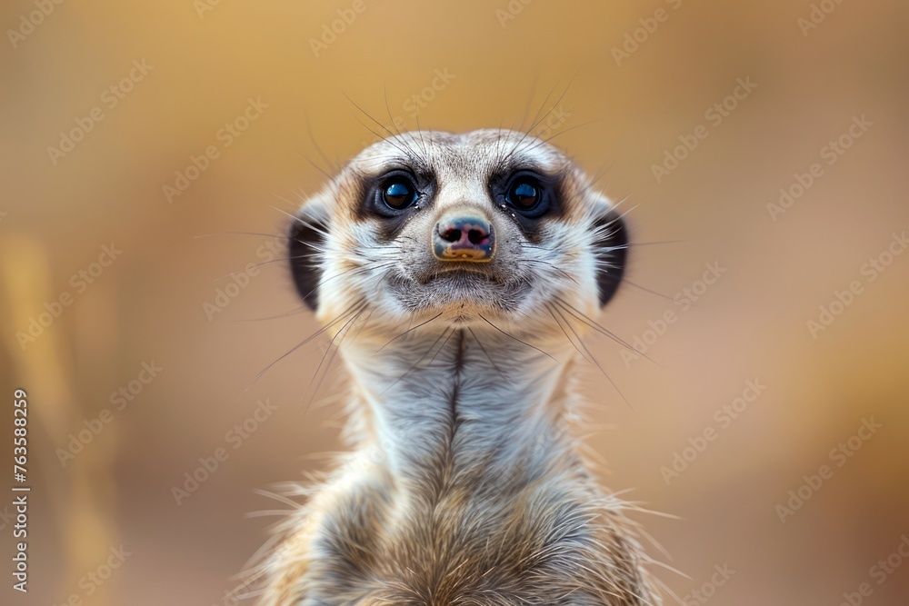 Fototapeta premium Close-up Portrait of a Curious Meerkat on Alert in Natural Habitat with Warm Sunset Colors Background