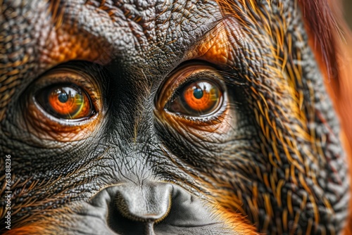 Close-up Portrait of a Bornean Orangutan with Vivid Orange Eyes and Detailed Facial Texture photo