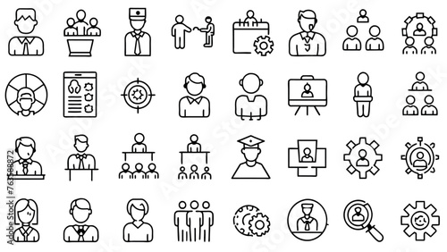 Simple Set of Business Management Related Vector Line Icons. Contains such Icons as Inspector, Personal Quality, Employee Management and more icons