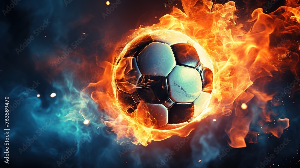 Fototapeta premium Flying football or soccer ball on fire. An impressive soccer ball in red and blue smoke and flames