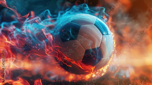 Flying football or soccer ball on fire. An impressive soccer ball in red and blue smoke and flames
